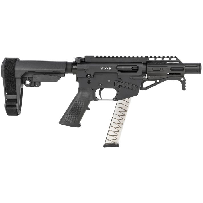 Freedom Ordnance FX9P4S FX-99mm Luger 31+1 4" Black Nitride Barrel w/Faux Suppressor, Black Hard Coat Anodized Aluminum Receiver, SB Tactical SBA3 Pistol Brace Stock, Black Polymer Grip