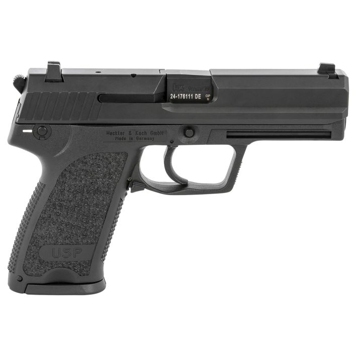HK 81000309 USP V1 SA/DA 9mm Luger Caliber with 4.25" Barrel, 10+1 Capacity, Overall Black Finish, Serrated Trigger Guard Frame, Serrated Steel Slide & Polymer Grip Includes 2 Mags