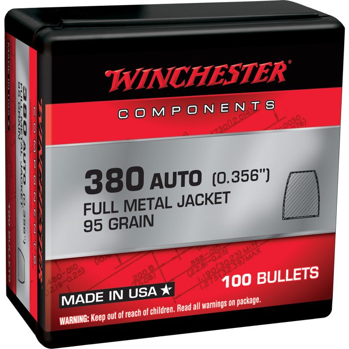 Winchester Ammo WB380MC95X Centerfire Handgun Reloading 380ACP 95gr Full Metal Jacket 100 Per Box/10 Case