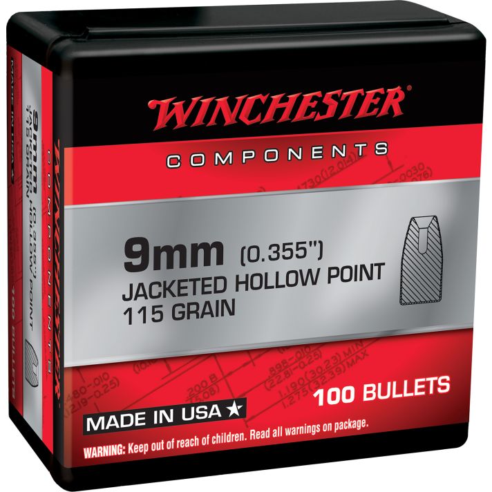 Winchester Ammo WB9JHP115X Centerfire Handgun Reloading 9mm 115gr Jacketed Hollow Point 100 Per Box/10 Case