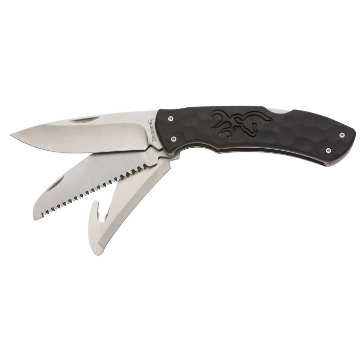 Browning 3220430 Primal Kodiak Slim 3.75" Folding Drop Point/Gut Hook/Saw 8Cr13MoV SS Blade Black Polymer w/Rubber Overmold Handle Includes Nylon Belt Pouch