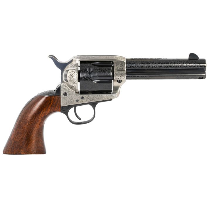 Taylors & Company 550924 1873 Cattleman 357 Mag Caliber with 4.75" Blued Floral Engraved Finish Barrel, 6rd Capacity Blued Finish Cylinder, Coin Photo Engraved Finish Steel Frame & Walnut Grip