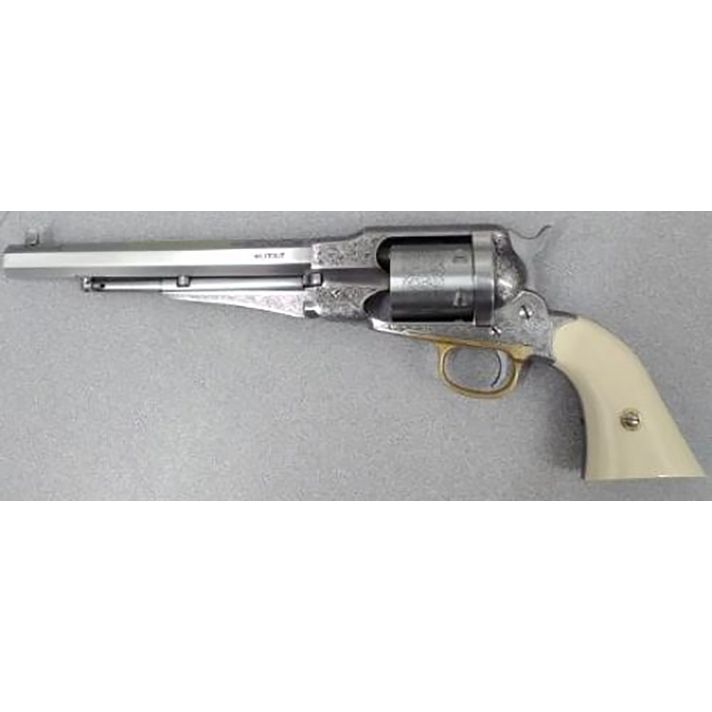 Taylors & Company 550763 1858 Remington Conversion 45 Colt (LC) Caliber with 8" Barrel, 6rd Capacity Cylinder, Overall Nickel-Plated Engraved Finish Steel & 2-Piece Ivory Grip