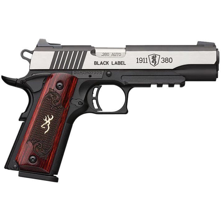 Browning 051971492 1911 Black Label Medallion Pro 380 ACP 8+1 4.25" Target Crown Barrel, Blackened w/Silver Polished Flats Serrated SS Slide, Matte Black Polymer Frame w/Beavertail & Picatinny Rail