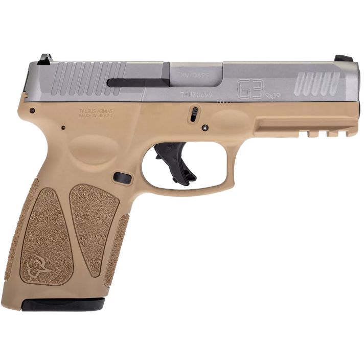 Taurus 1G3B949T G3Full Size Frame 9mm Luger 15+1/17+1 4" Matte Stainless Steel Barrel, Matte Serrated Stainless Steel Slide, Tan Polymer Frame w/Picatinny Rail, Tan Polymer Grip, Right Hand