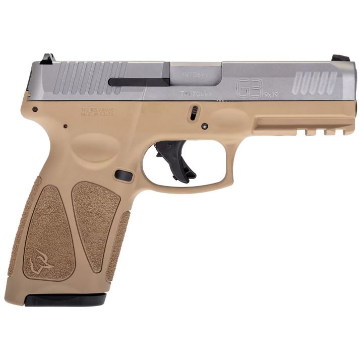 Taurus 1G3B949T15 G3Full Size Frame 9mm Luger 15+1 4" Matte Stainless Steel Barrel, Matte Serrated Stainless Steel Slide, Tan Polymer Frame w/Picatinny Rail, Tan Polymer Grip, Right Hand