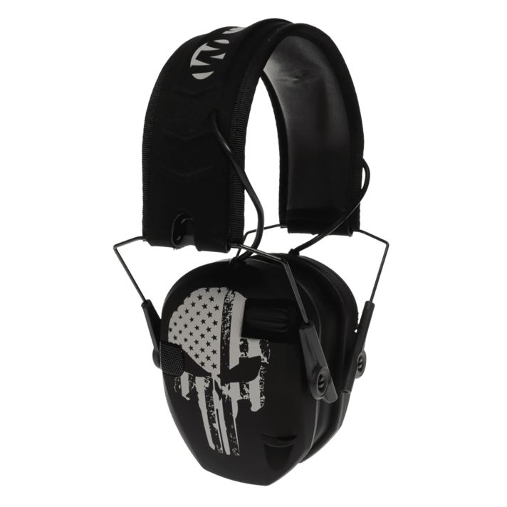 Walker's WPRSEMFSPUN Razor Slim Electronic Freedom Muff 23 dB Over the Head Black w/Distressed Punisher Flag Polymer
