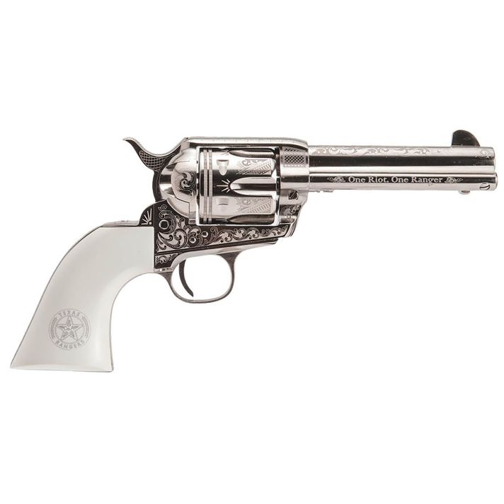 Cimarron PP410LNTXR Frontier Texas Ranger 45 Colt (LC) 6 Shot, 4.75" Engraved Nickel-Plated Steel Barrel, Cylinder & Frame, Engraved "One Riot, One Ranger" Ejector Rod, White Polymer Grip