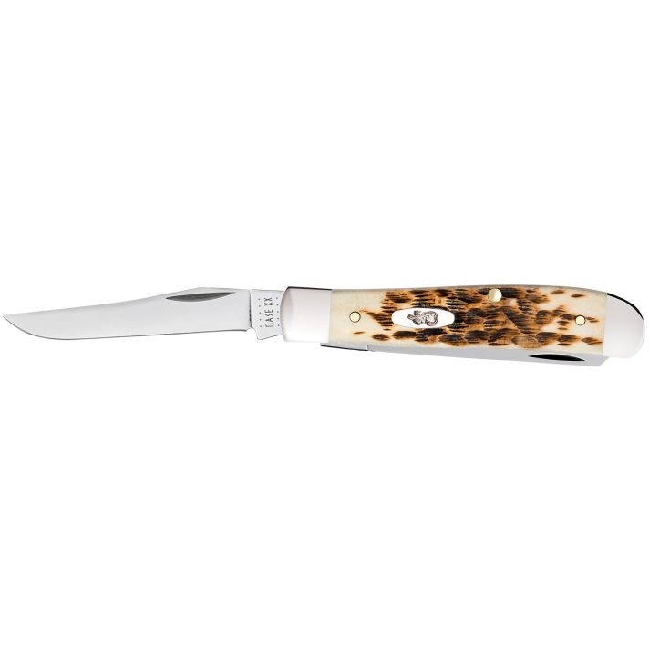 Case 00013 TrapperMini 2.70"/2.75" Folding Clip Point/Spey Plain Mirror Polished Tru-Sharp SS Blade, Peach Seed Jigged Amber Bone Handle