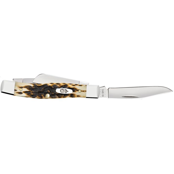 Case 00079 StockmanMedium 2.57"/1.88"/1.76" Folding Clip/Sheepsfoot/Pen Plain Mirror Polished Chrome Vanadium Steel Blade/Peach Seed Jigged Amber Bone Handle