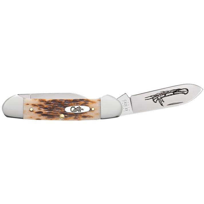 Case 00263 Canoe2.60"/1.97" Folding Spear/Pen Plain Mirror Polished Chrome Vanadium Steel Blade/Peach Seed Jigged Amber Bone Handle