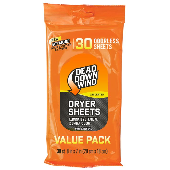 Dead Down Wind 113019 Dryer SheetsOdor Eliminator Odorless Scent Dryer Sheet 30 Per Pkg