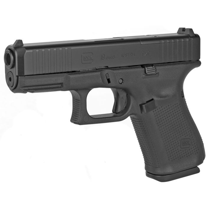 GlockG19 Gen5 MOS 9mm Luger 4.02" 15+1 Black Black nDLC Steel with Front Serrations & MOS Cuts Slide Black Interchangeable Backstrap Grip Fixed Sights