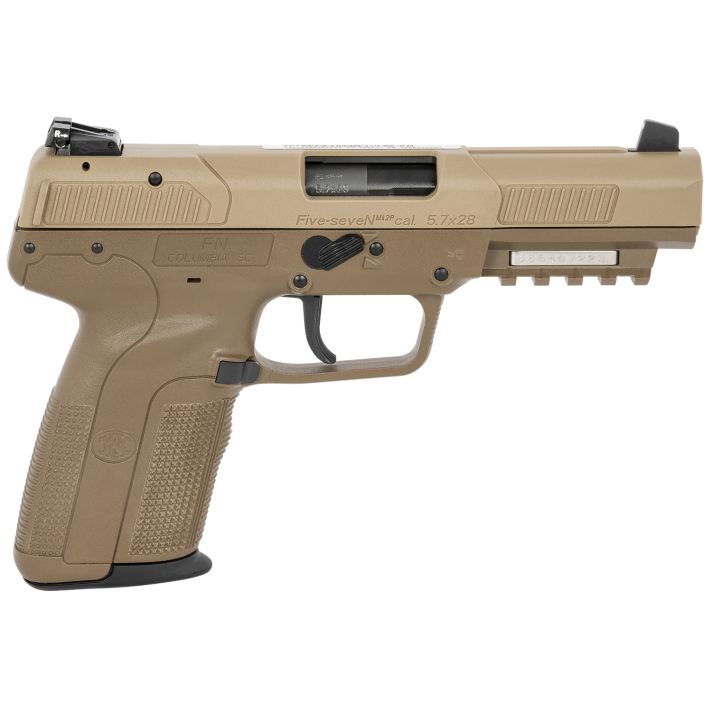 FN 3868900753 Five-seveN5.7x28mm 20+1 4.80" Black Steel Barrel, Flat Dark Earth Serrated Steel Slide & Polymer Frame w/Picatinny Rail, FDE Textured Polymer Grip, Ambidextrous