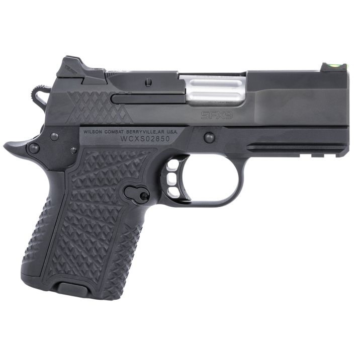 Wilson Combat SFX8SCR3 SFX9 Sub-Compact 9mm Luger 10+1 15+1 3.25" Stainless Steel Barrel, Black DLC Serrated Stainless Steel Slide, Black Aluminum Frame w/Beavertail & Picatinny Rail, Black G10 Grip