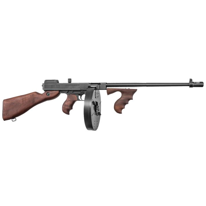 Thompson T1100D 1927A-1 Deluxe Carbine 45 ACP Caliber with 18" Barrel, 20+1 Capacity (Stick), 100+1 Capacity (Drum), Blued Metal Finish, American Walnut Stock Wood Grip Right Hand