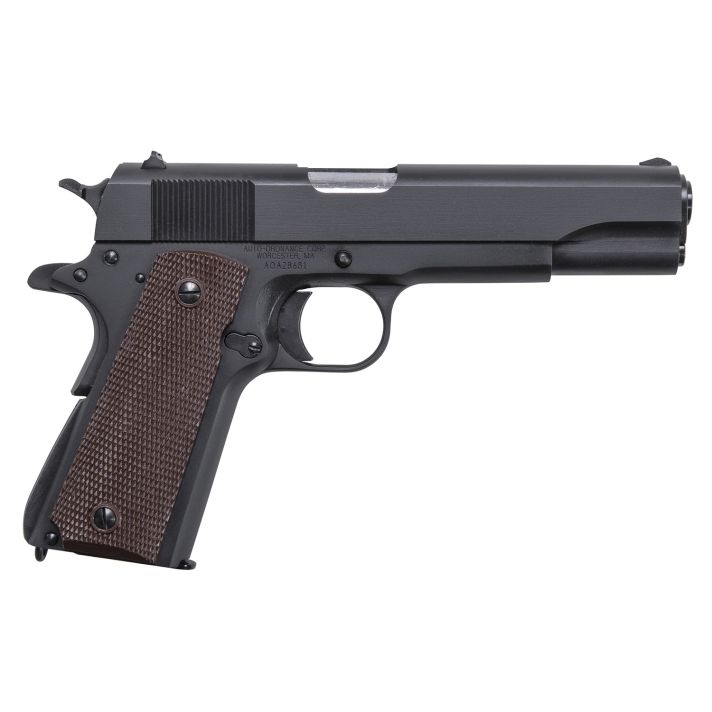 Auto-Ordnance 1911BKOMA 1911 A1 GI Spec *MA Compliant 45 ACP 7+1, 5" Stainless Steel Barrel, Matte Black Serrated Carbon Steel Slide & Frame w/Beavertail, Brown Checkered Polymer Grip
