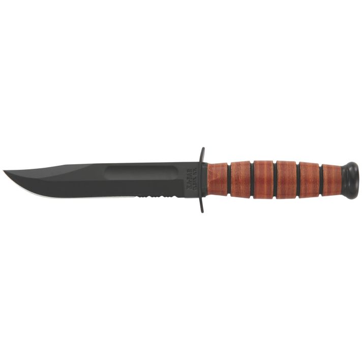 Ka-Bar 1252 USMC5.25" Fixed Clip Point Part Serrated Black 1095 Cro-Van Blade, Brown Leather Handle, Includes Sheath