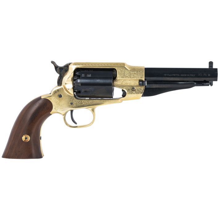 Pietta PF58BRE44512 1858 Sheriff 44 Cal 5.50" 6rd Brass Frame Engraved Brass Frame, Blued Engraved Cylinder, Blued Engraved Steel, Barrel Walnut Grip