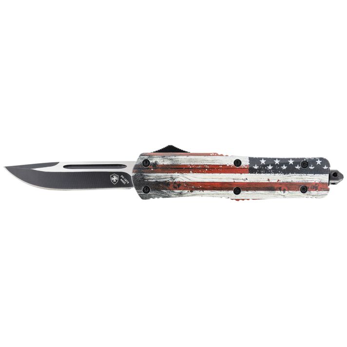 Templar Knife LWUS331 Gen II Wood US Flag Large 3.50" OTF Drop Point Plain Black Oxide Stonewashed 440C SS Blade, 5.25" Painted Wood Grain US Flag Aluminum Handle, Glass Breaker