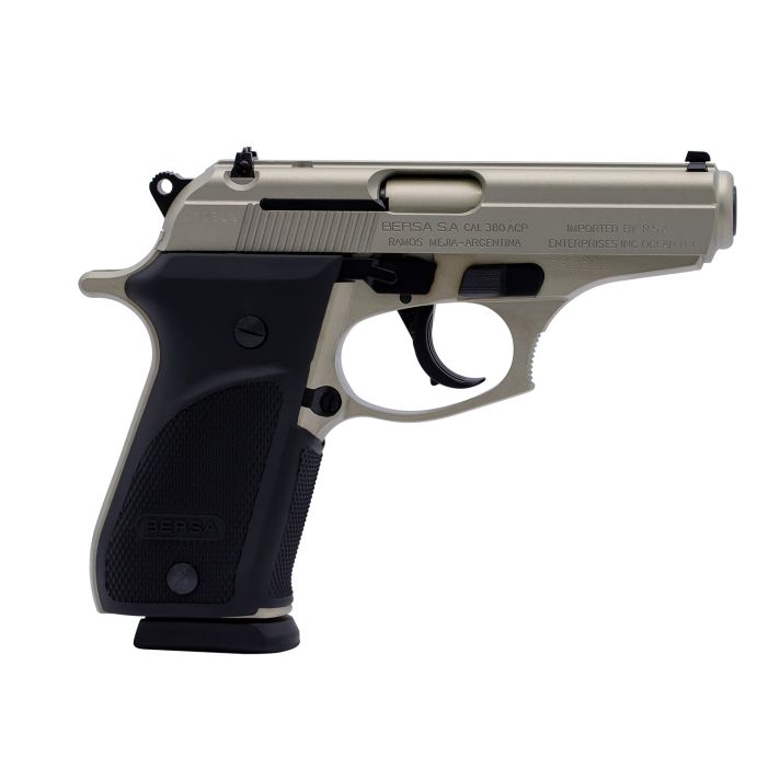 Bersa THUN380PNKL15 Thunder Plus Sub-Compact Frame 380 ACP 15+1, 3.50" Nickel Steel Barrel, Nickel Cerakote Serrated Steel Slide, Nickel Cerakote Aluminum Frame w/Beavertail, Black Rubber Grip