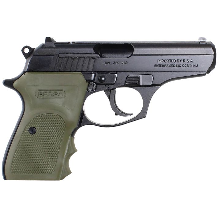 Bersa T380MC Thunder Combat Micro-Compact Frame 380 ACP 8+1, 3.50" Black Steel Barrel, Matte Black Serrated Steel Slide & Aluminum Frame w/Beavertail, Olive Wrap-Around Grip