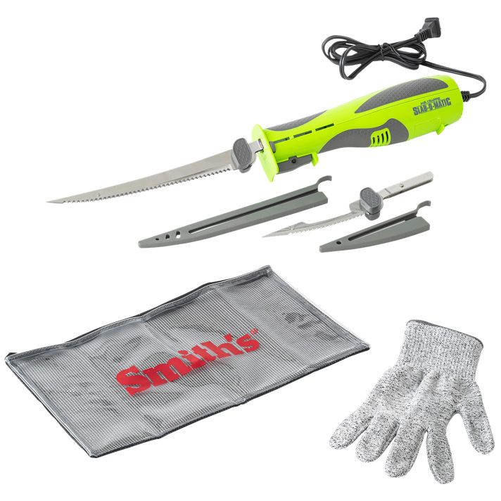 Smiths Products 51207 Mr. Crappie Slab-O-Matic 8"/4.50" Fillet/Ribcage Serrated Stainless Steel Blade Electric Green/Gray Vented Includes Power Cord/Fillet Glove/Mesh Storage Bag