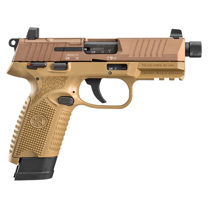 FN 66101006 502 Tactical 22 LR 10+1/15+1, 4.60" Black Steel Threaded Barrel, Flat Dark Earth Optic Ready/Serrated Slide & Polymer Frame w/Picatinny Rail, FDE Textured Polymer Grip, Ambidextrous