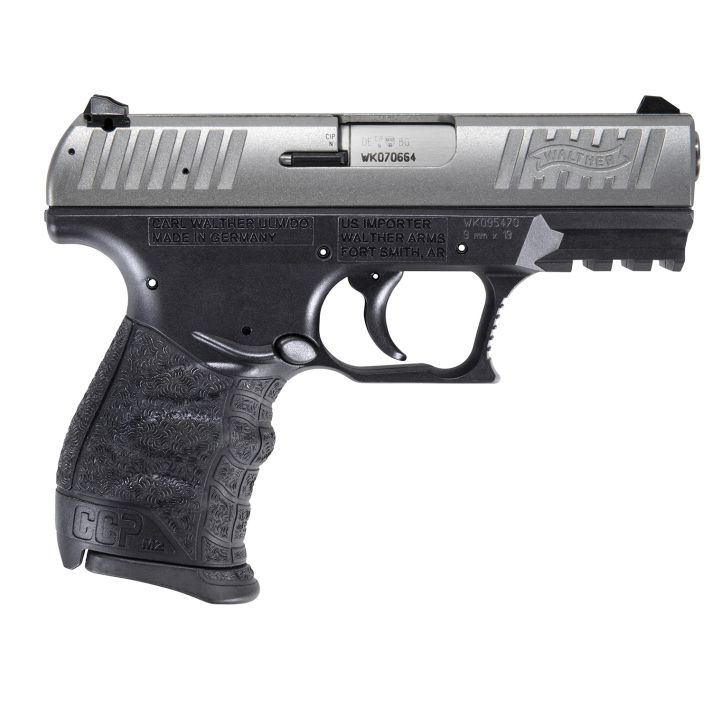Walther Arms 5083501 CCP M2 + 9mm Luger 8+1 3.54" Barrel, Black Finish Picatinny Rail Frame, Serrated Sliver Stainless Steel Slide, Finger Grooved Polymer Grip