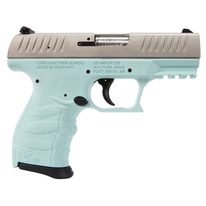 Walther Arms 5083512 CCP M2 + 9mm Luger 8+1 3.54" Barrel, Angel Blue Finish Picatinny Rail Frame, Serrated Sliver Stainless Steel Slide, Finger Grooved Polymer Grip