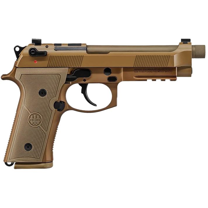 Beretta USA JS92M9A4M15 M9A49mm Luger 5.10" Barrel 15+1, Flat Dark Earth Cerakote Polymer Frame, Serrated Steel Optic Cut Slide, Polymer Grip & Decocker Safety