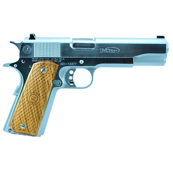 TriStar 85605 American Classic Government 1911 9mm Luger 10+1 5" Stainless Steel Barrel, Chrome Serrated Steel Slide, Chrome Steel Frame w/Beavertail, Wood Grip