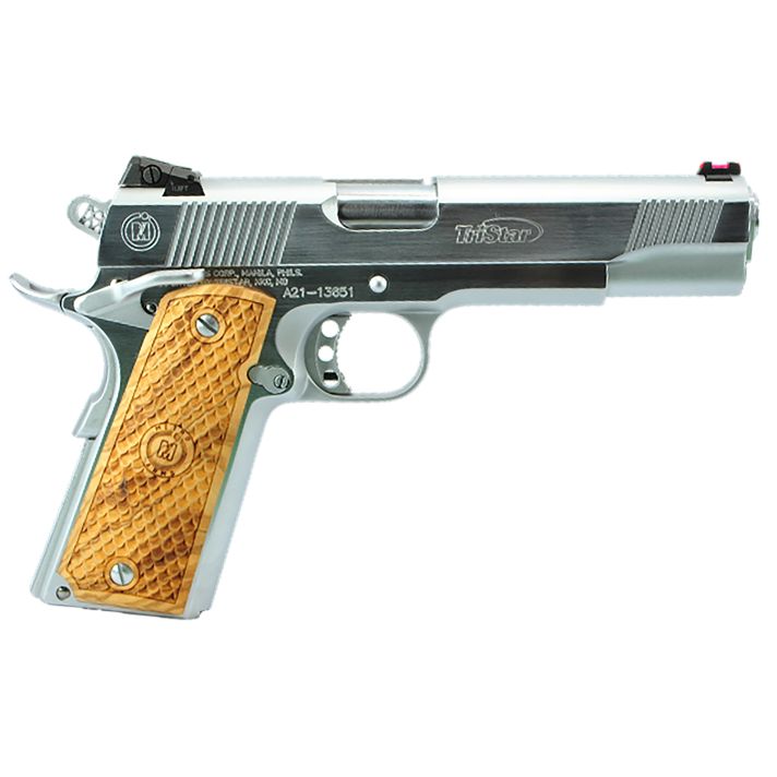 TriStar 85635 American Classic Trophy 1911 45 ACP 8+1, 5" Stainless Steel Barrel, Chrome Serrated Steel Slide, Chrome Steel Frame w/Beavertail, Wood Grip