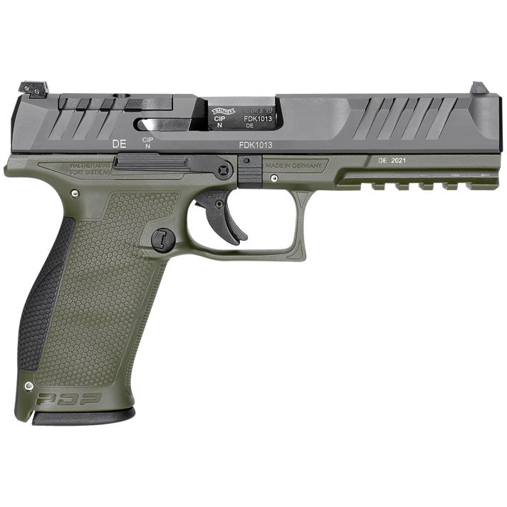 Walther Arms 2858363 PDP9mm Luger 18+1 4.50" Black Polygonal Rifled Barrel, Black Optic Ready/Serrated Slide, Green Polymer Frame w/Picatinny Rail, Black Performance Duty Texture Grips, Ambidextrous