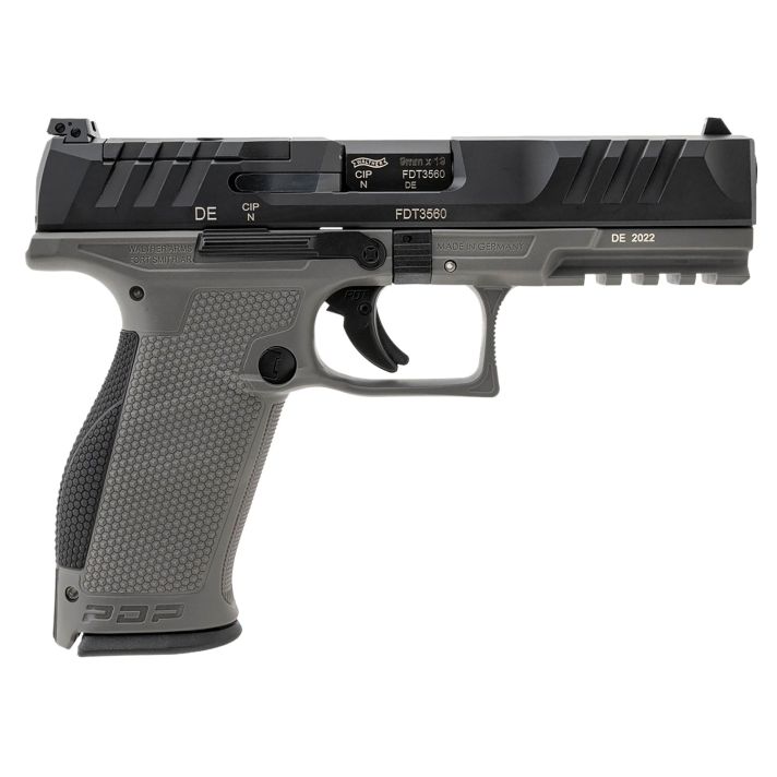 Walther Arms 2858371 PDP9mm Luger 18+1 4.50" Black Polygonal Rifled Barrel, Black Optic Ready/Serrated Slide, Gray Polymer Frame w/Picatinny Rail, Black Performance Duty Texture Grips, Ambidextrous