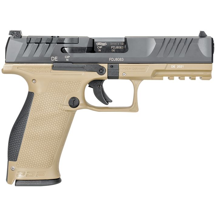 Walther Arms 2858380 PDP9mm Luger 18+1 4.50" Black Polygonal Rifled Barrel, Black Optic Ready/Serrated Slide, Tan Polymer Frame w/Picatinny Rail, Black Performance Duty Texture Grips, Ambidextrous
