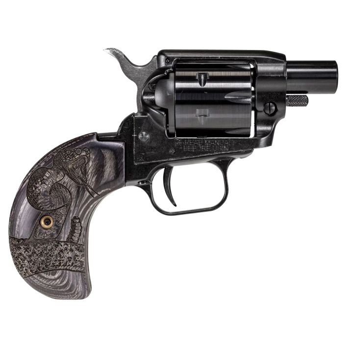 Heritage Mfg BK22B1BHWBRN2 Barkeep Boot 22 LR 6 Shot, 1.68" Black Steel Barrel, Black Oxide Zinc Alloy Frame, Black Cylinder Wood Engraved Birdshead Grip, Hammer/Thumb Safety, Exposed Hammer
