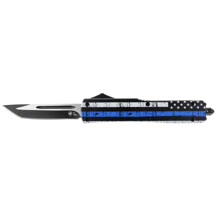 Templar Knife MBTB231 Gen II Back The Blue Slim 3.43" OTF Tanto Plain Black Oxide Stonewashed 440C SS Blade, 5.05" 4.31" Black & White w/Blue Line Aluminum Handle, Glass Breaker