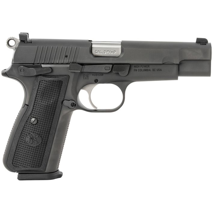 FN 66100256 High Power9mm Luger 17+1, 4.70" Black Target Crown Steel Barrel, Black PVD Serrated Steel Slide & Steel Frame w/Beavertail, Black Textured Polymer Grip, Ambidextrous