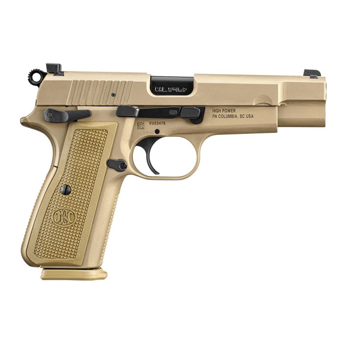 FN 66101069 High Power9mm Luger 17+1, 4.70" Black Target Crown Steel Barrel, Flat Dark Earth PVD Serrated Steel Slide & Steel Frame w/Beavertail, FDE Textured Polymer Grip, Ambidextrous