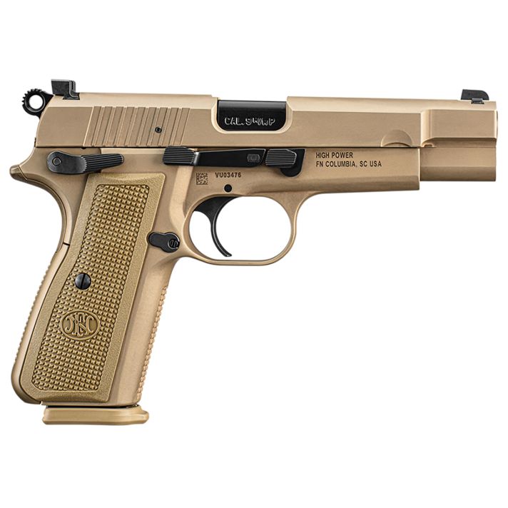 FN 66101117 High Power9mm Luger 10+1, 4.70" Black Target Crown Steel Barrel, Flat Dark Earth PVD Serrated Steel Slide & Steel Frame w/Beavertail, FDE Textured Polymer Grip, Ambidextrous