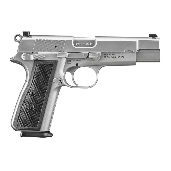 FN 66101068 High Power9mm Luger 17+1, 4.70" Black Target Crown Steel Barrel, Stainless PVD Serrated Steel Slide, Matte Stainless Steel Frame w/Beavertail, Black Textured Polymer Grip, Ambidextrous
