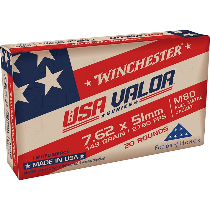 Winchester Ammo USAVM80X USA Valor M80 7.62x51mmNATO 149gr Full Metal Jacket 20 Per Box/25 Case