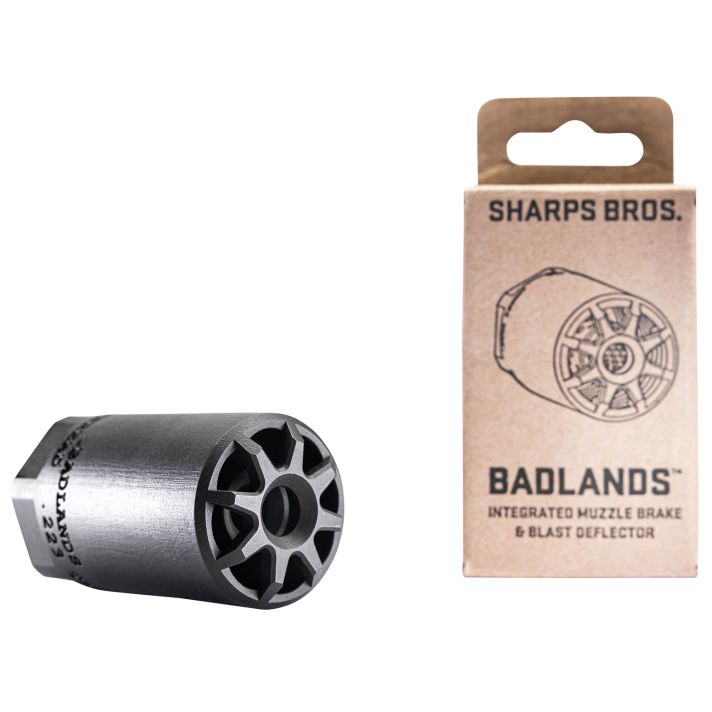 Sharps Bros BAD01 BadlandsMuzzle Brake/Blast Deflector, Heat Treated 17-4 Stainless Steel w/Nitride Finish, 1/2"-28 tpi Threads, 2.75"L, 1.50" Outside Diameter for Multi-Caliber (.223-.354)
