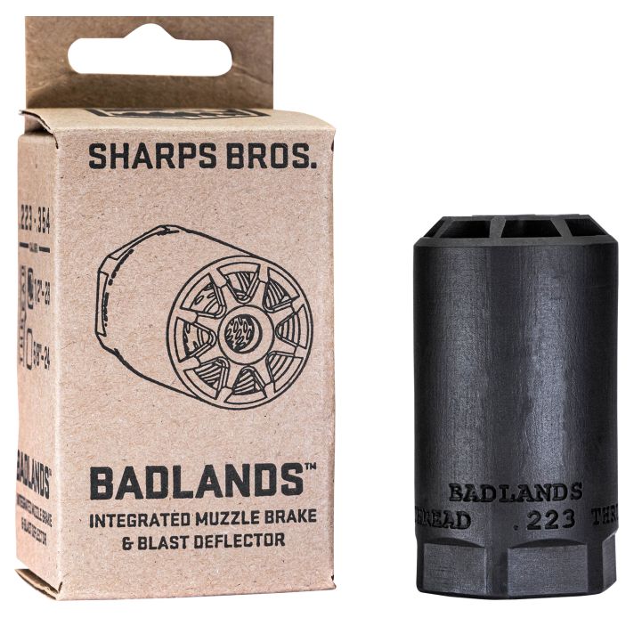 Sharps Bros BAD02 BadlandsMuzzle Brake/Blast Deflector, Heat Treated 17-4 Stainless Steel w/Nitride Finish, 5/8"-24 tpi Threads 2.75"L 1.50"D for Multi-Caliber (.223-.354) Full-Auto Rated