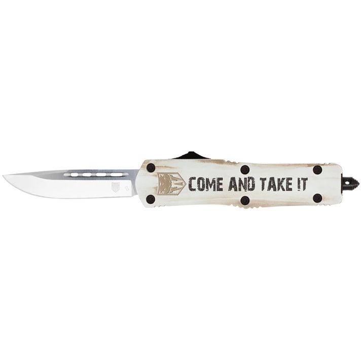 CobraTec Knives MCATIFS3TNS FS-3 Come And Take It 3" OTF Tanto Plain D2 Steel Blade/White w/"Come And Take It" Cerakoted Aluminum Handle Features Glass Breaker Includes Pocket Clip