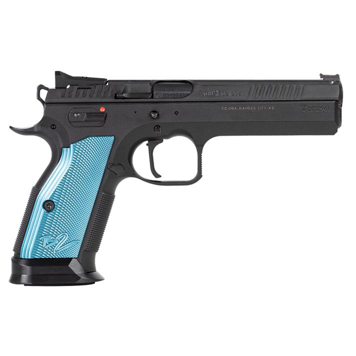 CZ-USA 91222 TS 240 S&W 17+1 5.28" Black Steel Barrel, Black Serrated Steel Slide, Black Polycoat Steel Frame w/Beavertail, Blue Checkered Aluminum Grip, Ambidextrous