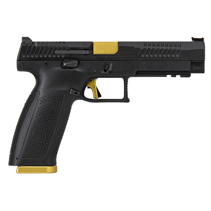 CZ-USA 95180 P-10 F Competition-Ready 9mm Luger 5" 19+1 Overall Black Finish with Inside Railed Steel with Optic Cut Slide, Polymer Grip, Gold Accents & Picatinny Rail