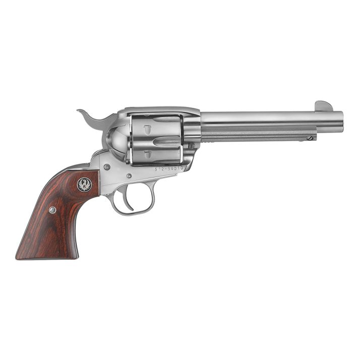 Ruger 5104 VaqueroMedium Frame 45 Colt (Long Colt) 6rd 5.50" High Gloss Stainless Steel Barrel, Cylinder & Frame, Hardwood Grip, Transfer Bar Safety, Exposed Hammer