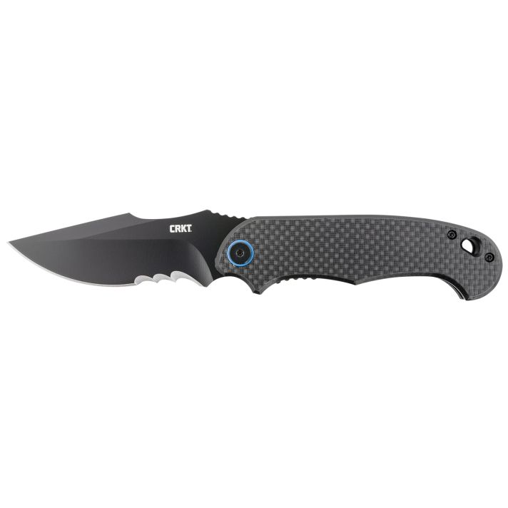 CRKT 7920K P.S.D.3.63" Folding Recurve Veff Serrated Black EDP 4116 Stainless Steel Blade/ Black w/Blue Backspacer G10/Carbon Fiber Handle Includes Pocket Clip